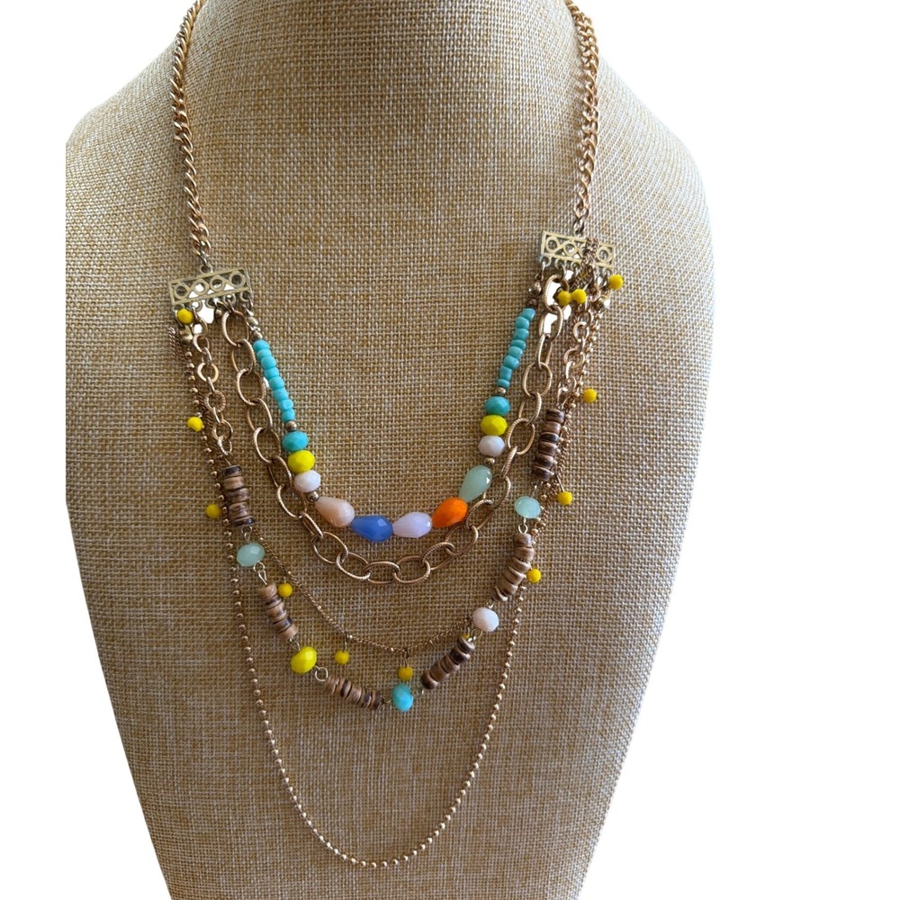 Plunder Multi Strand Statement Necklace Colorful Beads Wood Gold Tone Boho 1368